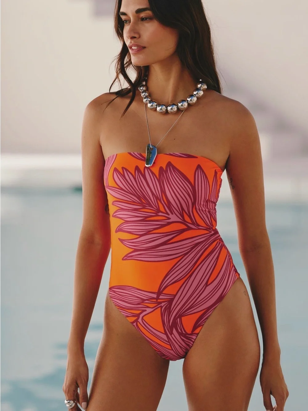 Anthropologie Orange Strapless One-Piece with Pink Leaf Print ANDIE
